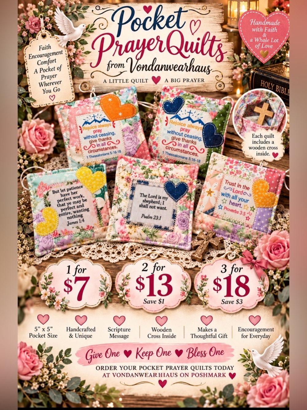 Handmade Pocket Prayer Quilts — Floral Pastel Assortment (Set of 1, 2 or 3)